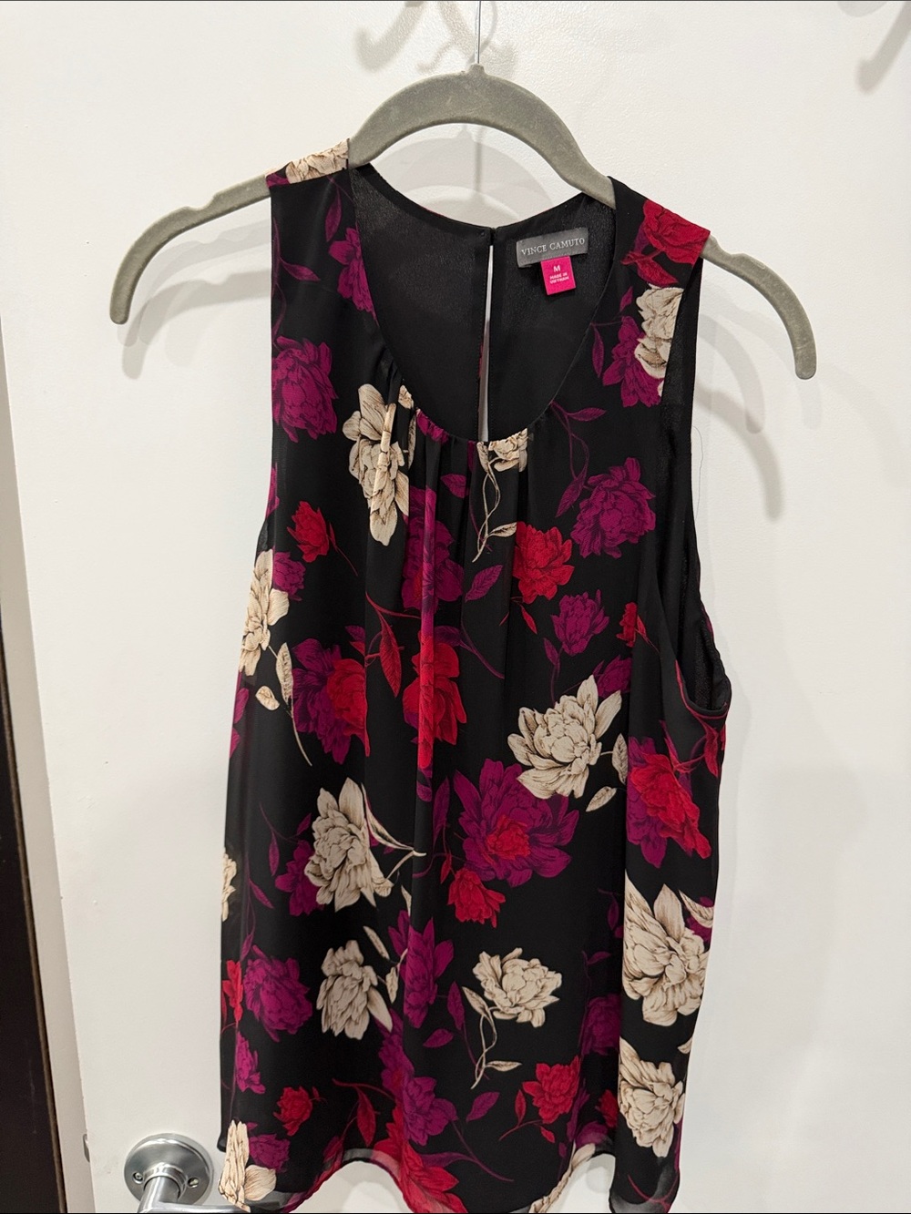 Vince Camuto Black Blouse with Fuchsia and Cream Floral Print